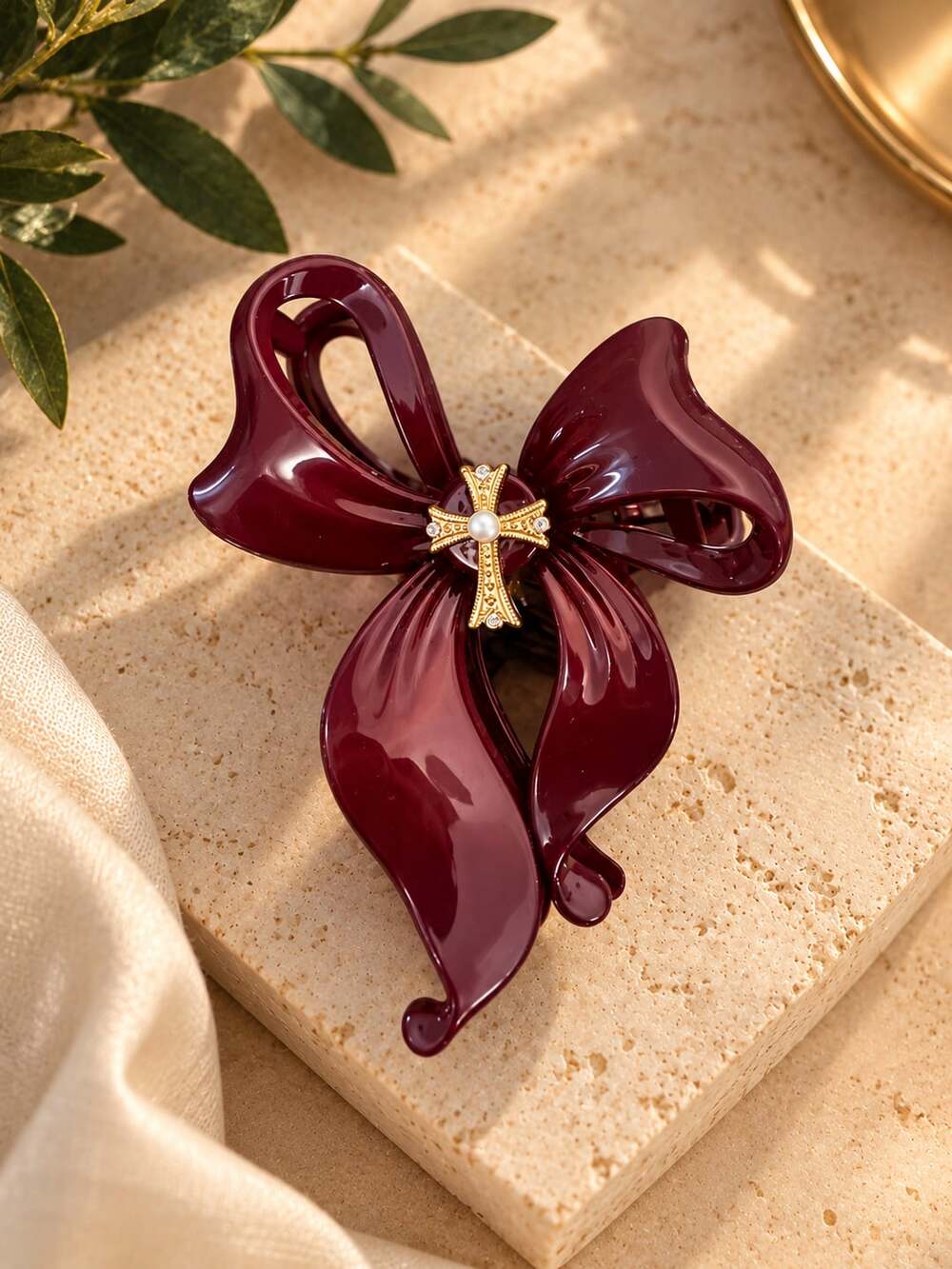 Burgundy Bow Claw Clip Gold Cross Pearl Romantic Hair Accessory